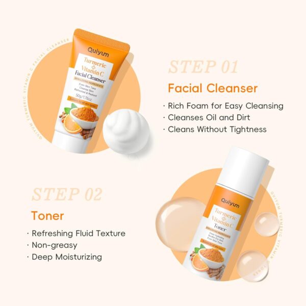 Quiyum Turmeric Vitamin C Skincare Set, Face Skin Care Sets & Kits Facial Cleanser,Toner,Serum,Eye Cream,Face Cream, Pamper Gift Set for Women Teenage Girls Mom Birthday, Travel Kit for All Skin Types