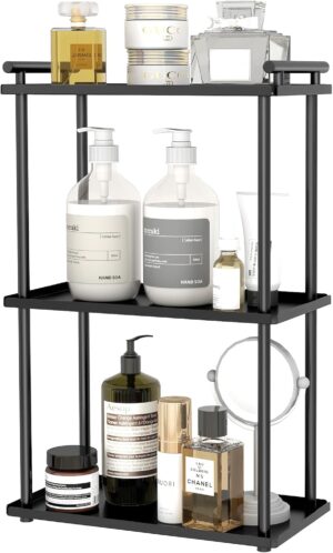 Bethom Bathroom Organiser Countertop, 3 Tier Makeup Perfume Stand Organisers for Vanity, Skincare Storage, Metal Toiletries Organiser for Cosmetics, Toiletries, Lotions, Perfumes (Black)