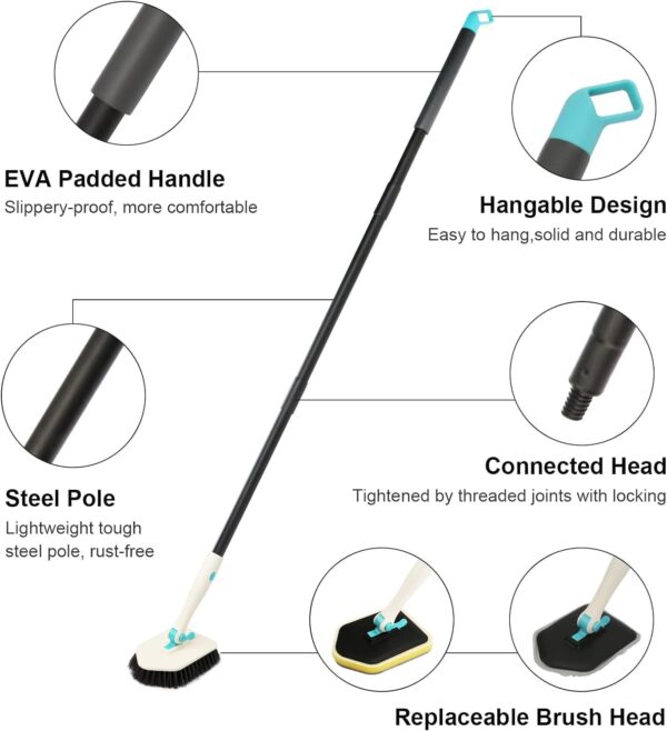 KOKSI Long Handle Cleaning Brush for Bathroom, Tiles, Bathtub, Toilet, Shower Extendable Scrubber with Bristles Microfiber and Sponge Heads | Deep Clean Household Cleaning Product