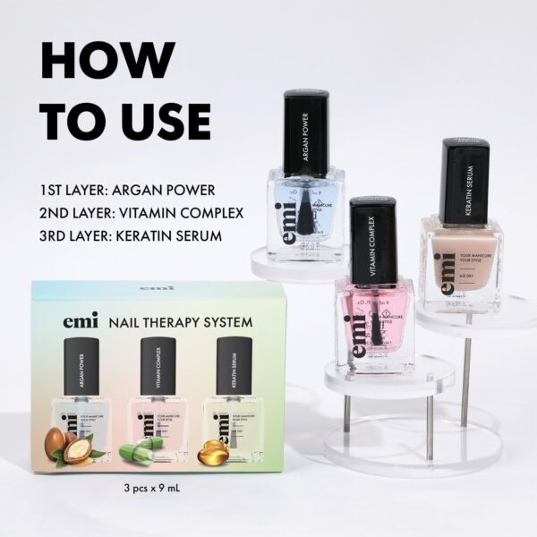 Nail Care Power Trio for strong, healthy, and nourished nails vitamin therapy Argan Power A, E, and F Vitamin Complex Keratin Serum protective shield Emi Nail Therapy System