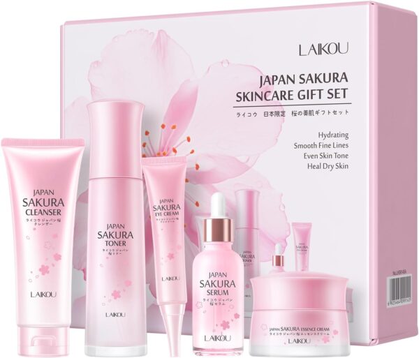 LAIKOU Sakura Skincare Gift Set, Luxury Glass Bottle Skincare Kit for Women Teenage Girls, Cleanser, Toner, Serum, Eye Cream & Moisturizer, Pamper Gifts for Women, Birthday Christmas Gift