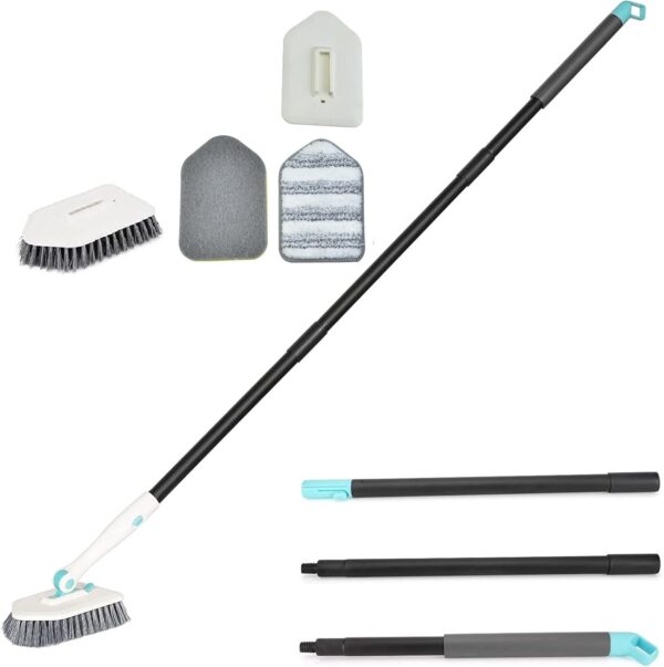 KOKSI Long Handle Cleaning Brush for Bathroom, Tiles, Bathtub, Toilet, Shower Extendable Scrubber with Bristles Microfiber and Sponge Heads | Deep Clean Household Cleaning Product