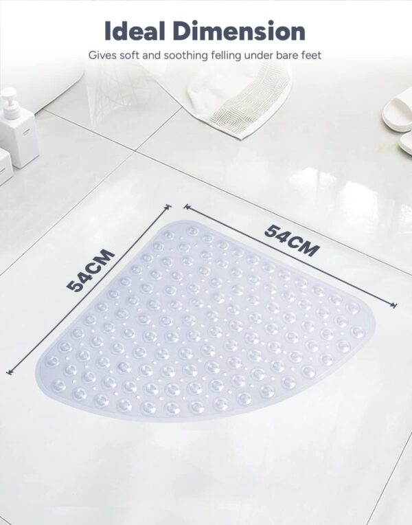 ADOV Corner Shower Mat, 54x54cm Curved Non Slip Anti-Mould Bath Mat, Quadrant Rubber Mat for Inside Shower Bathroom Floor, Machine Washable Sector Shower Mats with Strong Quick Dry Suction Cups- Clear