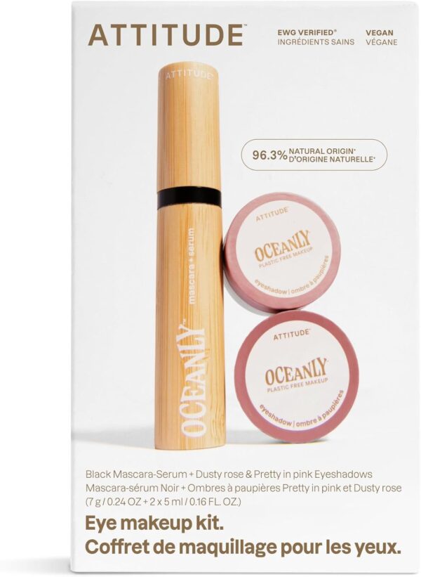 ATTITUDE Oceanly Pink Makeup Set, EWG Verified Eyeshadow and Lash Serum Infused Mascara, Vegan Beauty, Set of 3 Products
