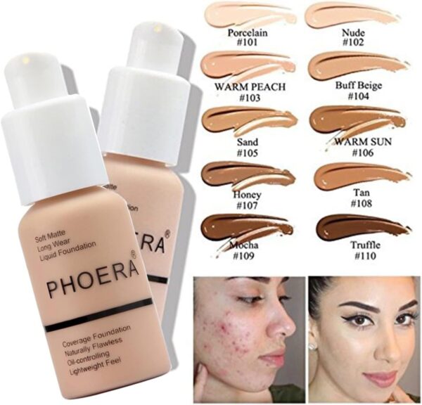 2PCS PHOERA Foundation, PHOERA Matte Liquid Foundation,PHOERA Makeup for Women, PHOERA Foundation Full Coverage Concealer, 30ml 24HR Matte Oil Control Concealer (2pcs- 104- Buff Beige)