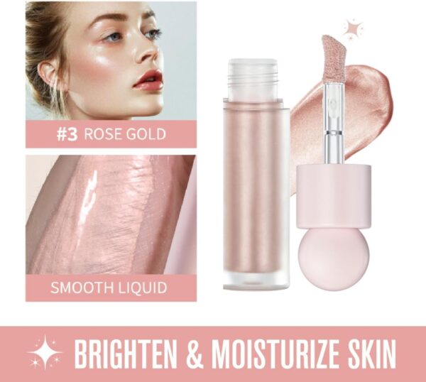Liquid Highlighter Natural Glow For Face & Body, Waterproof Moisturizing Highlighter Makeup For Long Lasting Shimmer, Contour Liquid Luminizer Easy to Use with Cushion Applicator (#3 Rose gold)