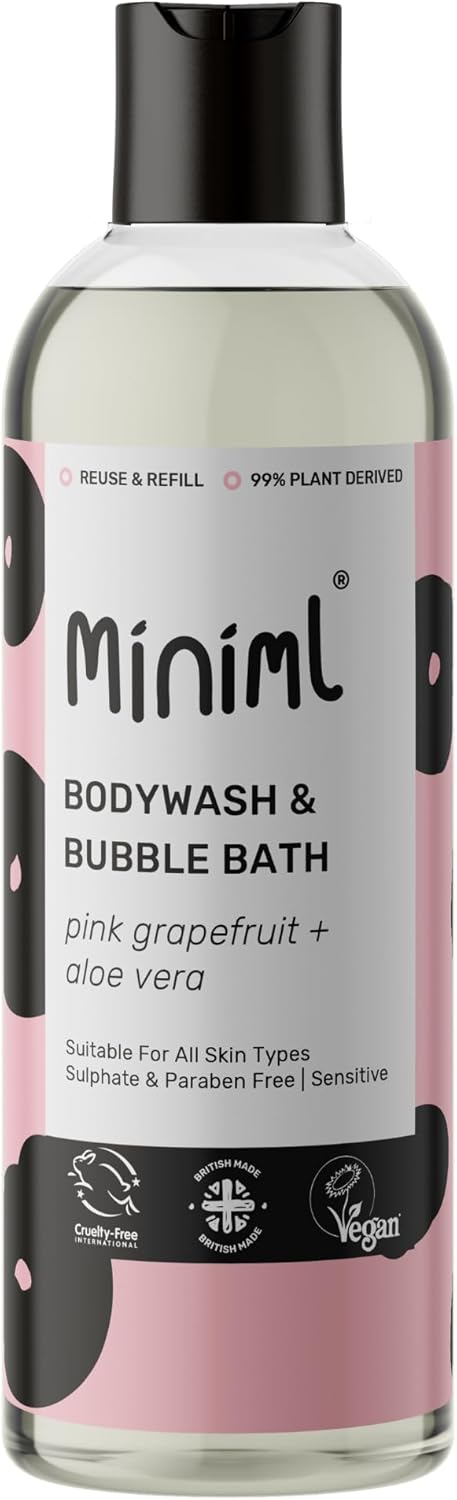 Miniml All Natural Body Wash and Bubble Bath - 500ml Moisturising Pink Grapefruit and Aloe Vera Sensitive Skin Eco Shower Gel Bath Soak - Vegan Friendly High Foam