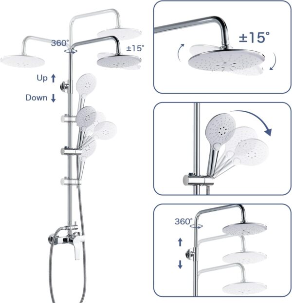 Coleniny Shower System with Diverter Chrome, Shower Mixer Set with 21cm Round Overhead Rainfall Shower Head, 3-Function Handheld Shower, Riser Rail, Adjustable Height Anti Scald Shower Set