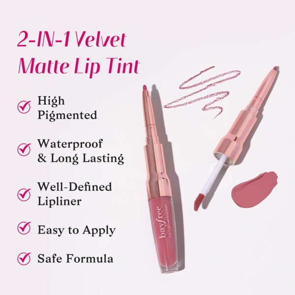 bayfree 2-IN-1 Lip Liner and Lip Stain, High Pigmented Long Lasting Velvet Lip Tint, Well-Defined Lipliner, Weightless Waterproof Not Animal Tested, Matte Finish Makeup
