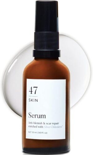 47 Skin | Hydrating Face Serum with Silver Chitoderm for ALL Skin Types | Clears Acne, Prevents & Heals Breakouts & Blemishes, Repairs Scars | Moisturises and Nourishes For Smooth Skin | 30ml