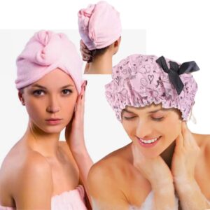 2 in 1 Hair Care Set, Shower Cap Bonnet and Microfiber Hair Towel Wrap, Pink 2-Piece Set