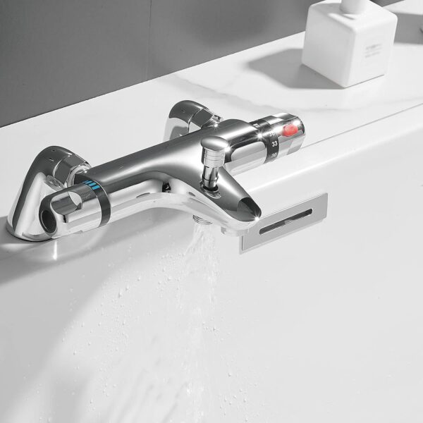 Thermostatic Bath Shower Mixer Valve Deck Mounted with Legs, Solid Brass Body Chrome Plated, Easy to Control Water Flow and Temperature from 30-45°C, Safety Button Temperature 38°C