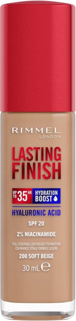Rimmel Lasting Finish 35Hr Foundation 200 Soft Beige, Full Coverage, Hydrating, SPF20, Hyaluronic Acid, Vitamin E, 2% Niacinamide, All Day Wear, Vegan, Cruelty Free