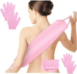 Exfoliating Shower Bath Glove Back Scrubber Set, Spa Experience Dead Skin Cell Remover, Vacuum Packed (Pink)