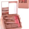 PGRODE Travel Size Makeup Brushes Mini Set with Hard Case and Built-in Mirror, 5Pcs Small Cosmetic Brushes, On the Go Brush Travel Essentials kits for Women, Girls Gift (Red)