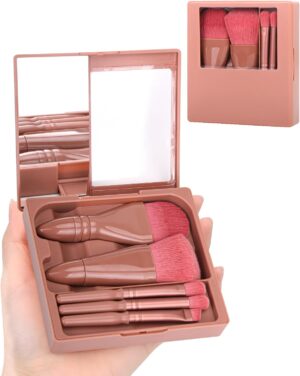 PGRODE Travel Size Makeup Brushes Mini Set with Hard Case and Built-in Mirror, 5Pcs Small Cosmetic Brushes, On the Go Brush Travel Essentials kits for Women, Girls Gift (Red)