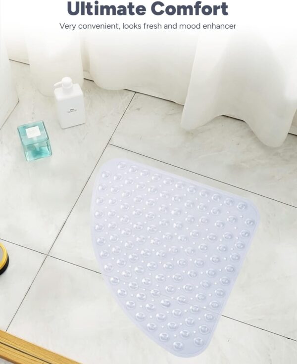 ADOV Corner Shower Mat, 54x54cm Curved Non Slip Anti-Mould Bath Mat, Quadrant Rubber Mat for Inside Shower Bathroom Floor, Machine Washable Sector Shower Mats with Strong Quick Dry Suction Cups- Clear