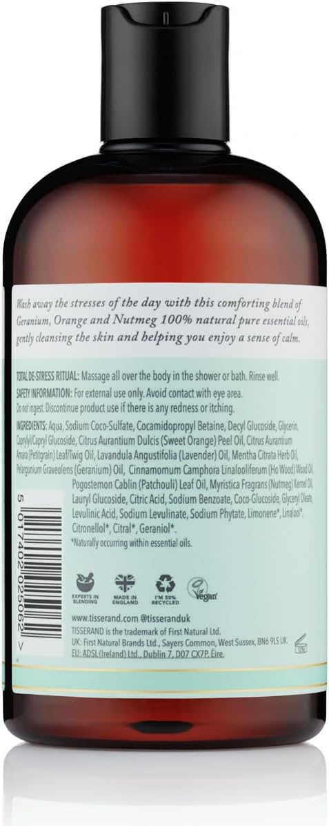 Tisserand Aromatherapy - Total De-Stress - Bath & Shower Wash - Orange, Geranium, Nutmeg Essential Oil - 100% Natural Pure Essential Oils - 400ml