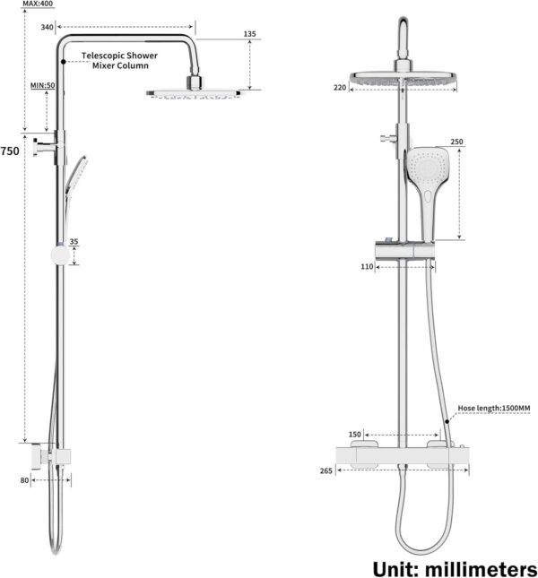 PURAGEIR Shower Mixer Set, Thermostatic Shower Set with 3 Functions Hand Shower, Shower Bar Set with Adjustable 8'' Overhead Rainfall Shower,Square Shape,Chrome