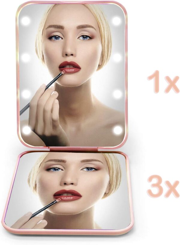 Kintion Pocket Mirror, 1X/3X Magnification LED Compact Travel Makeup Mirror with Light for Purse, 2-Sided, Portable, Folding, Handheld, Small Lighted Mirror for Gift, Pink