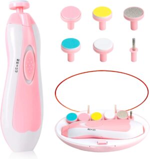 Baby Nail Trimmer, 8 in 1 Baby Nail Clippers Electric, Electric Nail File Baby with Light, Baby Nail Care Kit with 6 Grinding Heads for All Ages