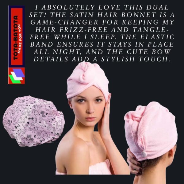 2 in 1 Hair Care Set, Shower Cap Bonnet and Microfiber Hair Towel Wrap, Pink 2-Piece Set