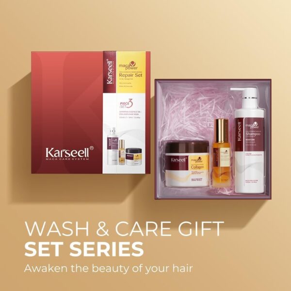 Karseell Maca Essence Moisturizing Repair Set: Collagen Hair Mask 500ml, Shampoo 500ml & Maca Essence Oil 50ml - Argan Oil Treatment for Dry Damaged Hair, All Types