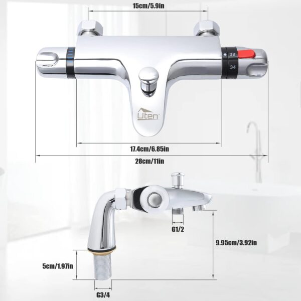 61Sn5LTHsKL._AC_SL1500_.jpg Chrome Thermostatic Bath Shower Mixer, Uten 38°C Safety Lock Anti-Scald, Thermostatic Shower Valve with Bath Filler Spout, Chrome Modern Mixer Tap Style