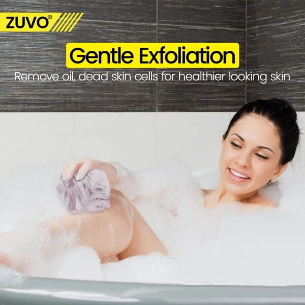 Zuvo Loofah Bath Sponge (4-Pack) – Soft & Durable Shower Puffs for Deep Exfoliation – Unisex Body Scrubber, Eco-Friendly and Skin-Safe, Assorted Colours.