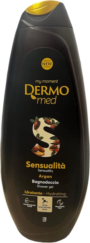 Dermomed, Argan shower bath, is skin-friendly and soft, with hyaluronic acid, 100% Made in Italy, pH value 5.5, dermatologically tested, 650 ml pack