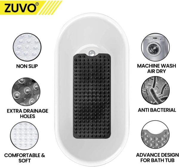 Zuvo Extra-Long Non-Slip Bath Mat (100 x 40 cm, Black) – Anti-Mould, Machine-Washable Shower Mat with Powerful Suction – Ideal for Elderly Kids