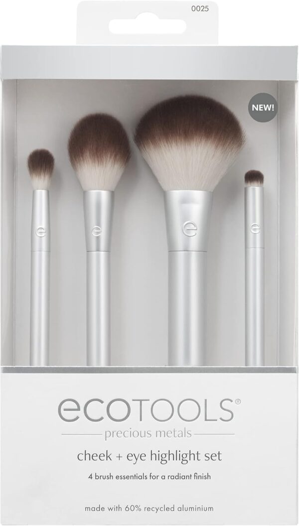 EcoTools Precious Metals Cheek & Eye Highlight Makeup Brush Kit, for Eyeshadow, Blush, & Powder Products, Eco Friendly, Vegan, Cruelty Free Face Brushes, Recycled Aluminum, Chrome, 4 Piece Set