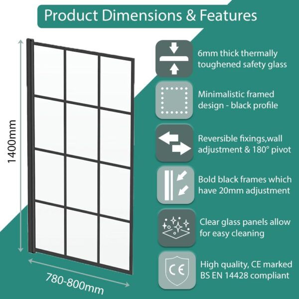 LUXURA® 1400 x 800mm Black Square Grid Over Bath Shower Screen Door 6mm Clear Toughened Safety Glass Panel 180° Pivot Bathroom Hinged Framed Bath Screens