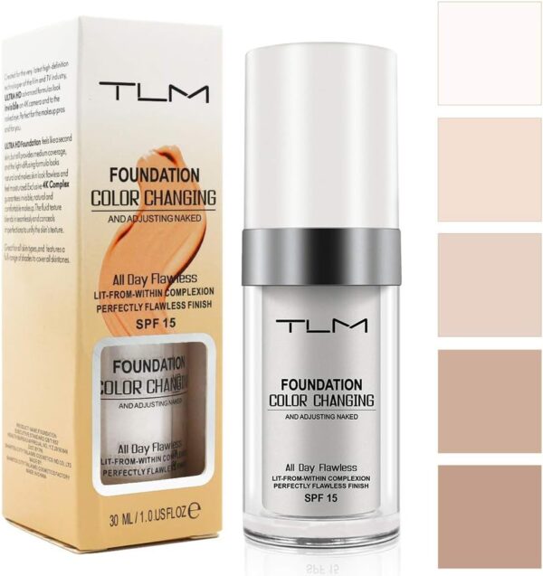 Colour Changing Foundation, TLM Flawless Color Changing Warm Skin Tone Foundation for Mature Skin, Waterproof Naturally Blends Moisturizing Foundation Makeup Base Nude Concealer Full Coverage SPF 15
