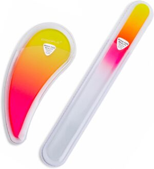Bona Fide Beauty Czech Glass Nail File Set, 2Pc Ergonomic Fingernail File Set with Protective Sleeves (Sunset Color)