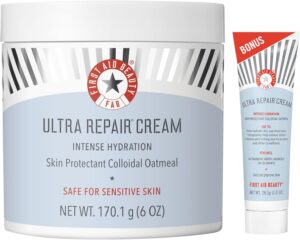 First Aid Beauty Ultra Repair Cream Intensive Hydration Daily Moisturiser for Face + Body – Strengthens Skin Barrier + Instantly Relieves Dry, Distressed Skin – 170.1 g + Bonus 28.3 g Travel Size
