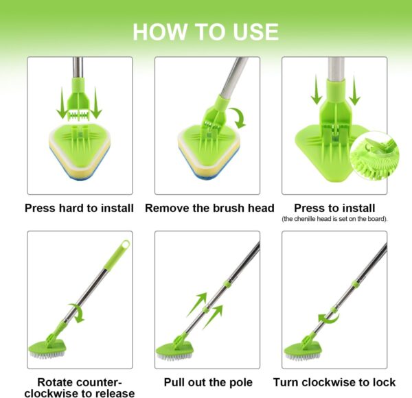 Bathroom Cleaning Brush, 3-in-1 Tub Tile Scrubbing Brush with Extendable Long Handle, Bathroom Scrubber Tool Adjustable Shower Cleaning Brush for Floor Bathtub Tile Wall Cleaning - Green