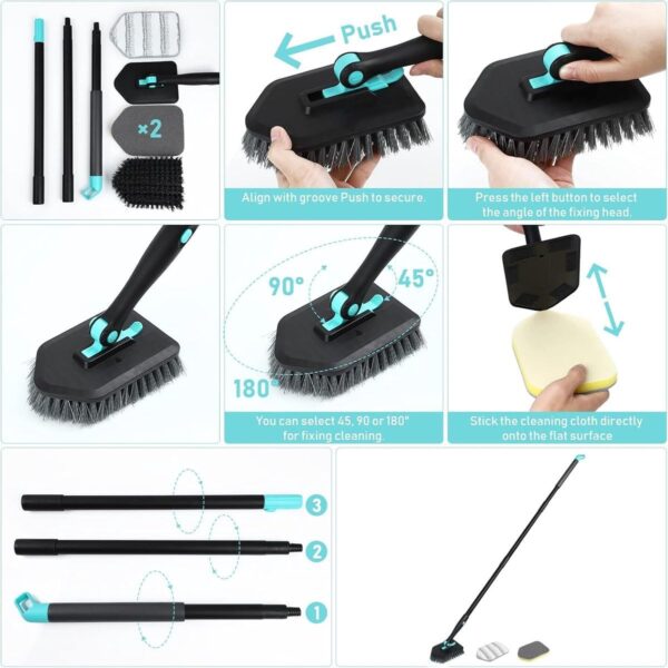 KOKSI Long Handle Cleaning Brush for Bathroom, Tiles, Bathtub, Toilet, Shower Extendable Scrubber with Bristles Microfiber and Sponge Heads | Deep Clean Household Cleaning Product