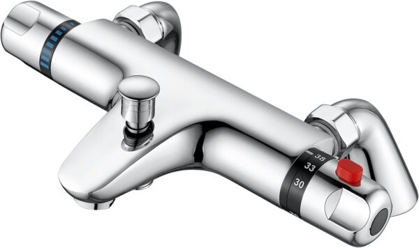 Thermostatic Bath Shower Mixer Tap, AIMOYO Deck Mounted Thermostatic Bath Tub Taps, Solid Brass Thermostatic Bathtub Shower Mixer Bar Valve, Thermostatic Bath Mixer Taps with Shower, 180mm