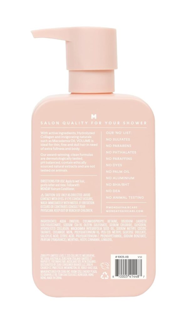 MONDAY Haircare Volume Shampoo 12oz for Thin, Fine, and Oily Hair, Made from Coconut Oil, Ginger Extract, & Vitamin E, 100% Recyclable Bottles (354ml), Pink (10428)
