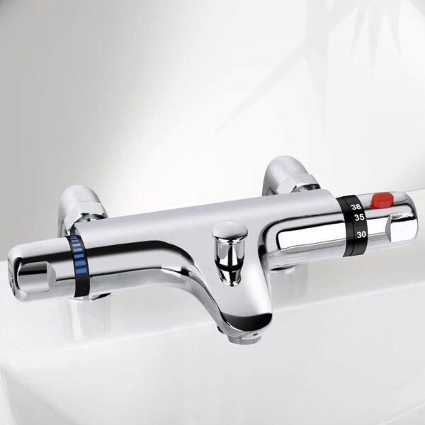 Thermostatic Bath Shower Mixer Tap Deck Mounted Bath Mixer Taps Bar with Bath Filler Spout, Thermostatic Shower Valve Bath Taps Faucet Modern Chrome Solid Brass 38°C Safety Anti-Scald