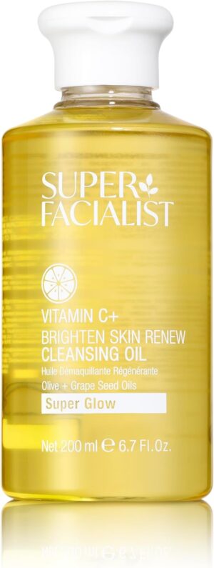 Super Facialist - Vitamin C + Brighten Skin Renew Cleansing Oil, Face Cleanser for Dissolving Makeup & Remove Daily Impurities, Contains Olive Oil, Vegan Friendly, 200ml (Cleansing Oil)