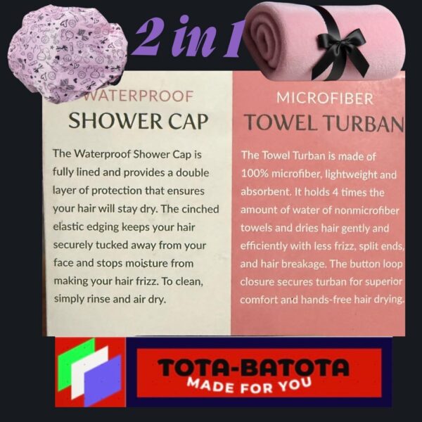 2 in 1 Hair Care Set, Shower Cap Bonnet and Microfiber Hair Towel Wrap, Pink 2-Piece Set