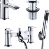Hapilife Basin and Bath Mixer Tap with Shower Attachment Set Slotted Pop up Waste Waterfall Bathroom Sink Tap Cloakroom Bathtub Tub Filler Tap Mixers Monobloc Chrome Brass Bathroom Taps Set