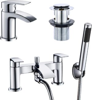 Hapilife Basin and Bath Mixer Tap with Shower Attachment Set Slotted Pop up Waste Waterfall Bathroom Sink Tap Cloakroom Bathtub Tub Filler Tap Mixers Monobloc Chrome Brass Bathroom Taps Set