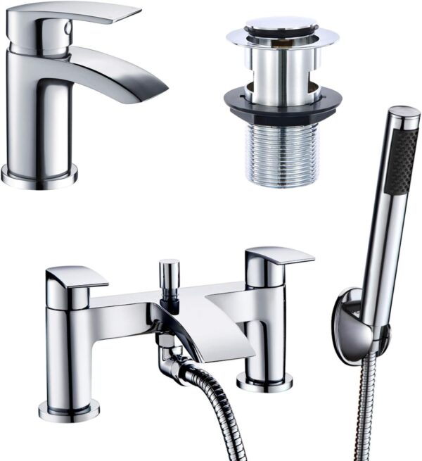Hapilife Basin and Bath Mixer Tap with Shower Attachment Set Slotted Pop up Waste Waterfall Bathroom Sink Tap Cloakroom Bathtub Tub Filler Tap Mixers Monobloc Chrome Brass Bathroom Taps Set