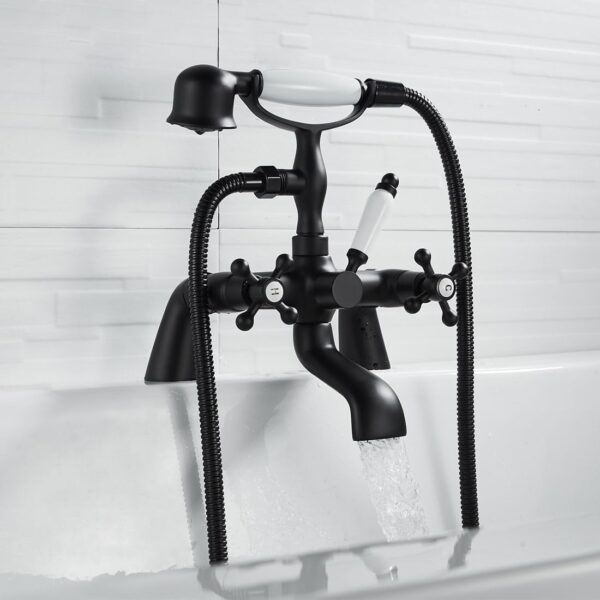 Blcak Victorian Bath Taps with Shower,Luckyhome Traditional 1/4 Turn Dual Lever Bathroom Tub Tap Mixer