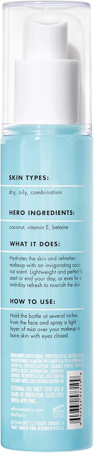 e.l.f. Hydrating Coconut Mist, Lightweight, Scented, Versatile, Refreshes, Soothes, Invigorates, Infused with Vitamin E, 2.7 Fl Oz