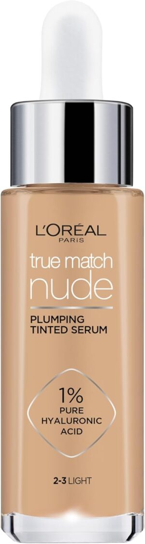 L'Oreal Paris True Match Tinted Serum Foundation, 1% Hyaluronic Acid, Hydrating Formula, Replumps Skin in 1 Hour for a Natural Glowing Finish, 30 ml, Shade 2-3 Light