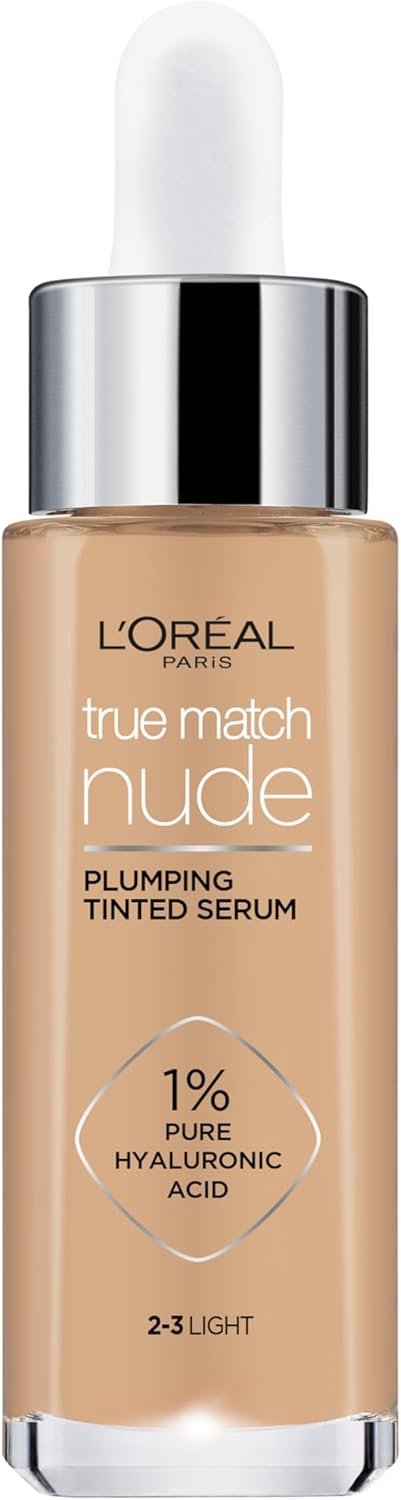 L'Oreal Paris True Match Tinted Serum Foundation, 1% Hyaluronic Acid, Hydrating Formula, Replumps Skin in 1 Hour for a Natural Glowing Finish, 30 ml, Shade 2-3 Light